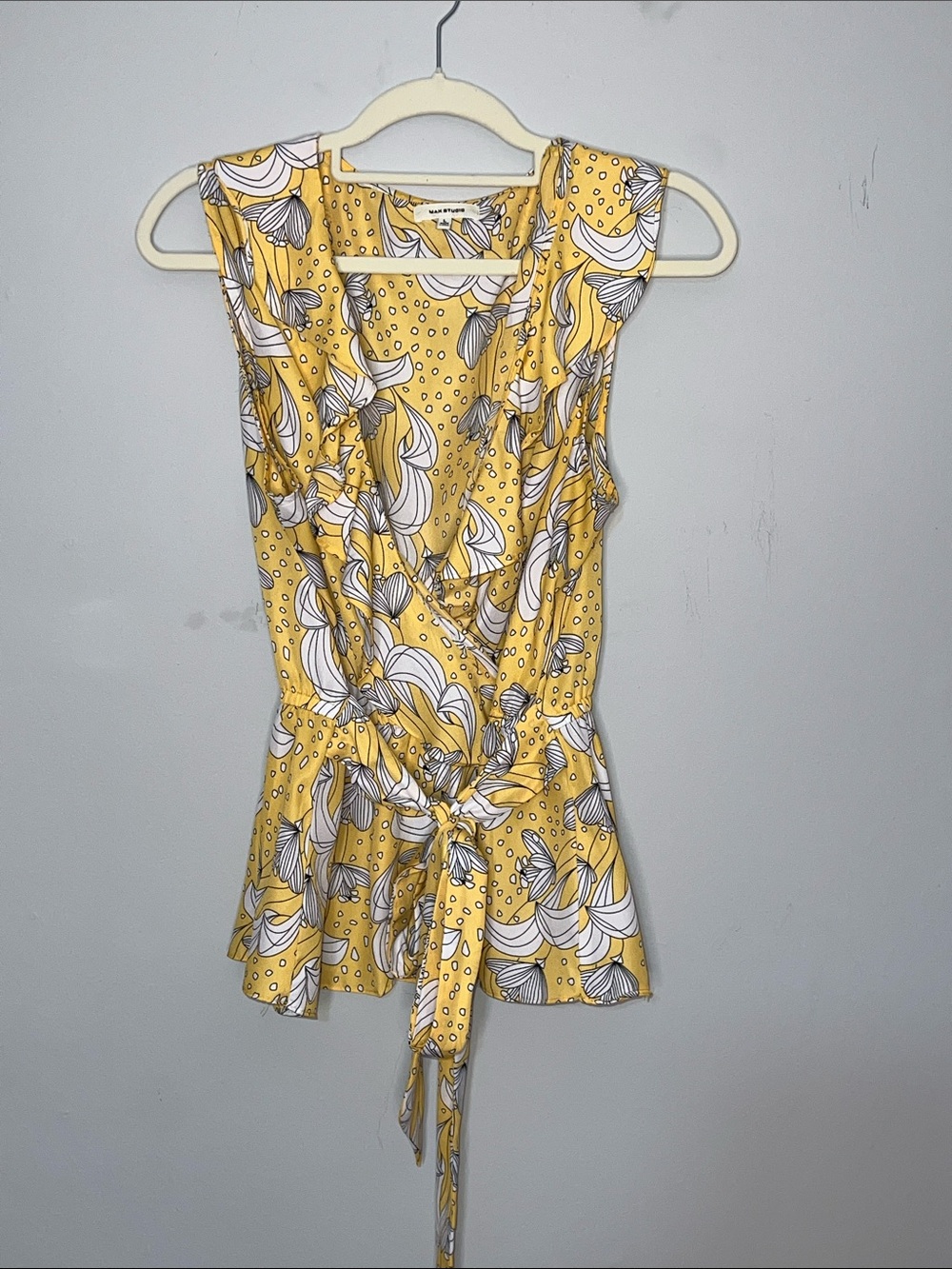 Yellow Floral Wrap Tie Waist Women's Top